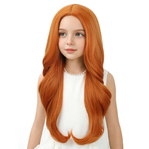Image of Ginger Wig for Kids Girls Long Ginger Orange Wavy Curly Wig Child Long Orange Part Wigs Heat Resistant Synthetic Wigs with Hairnet