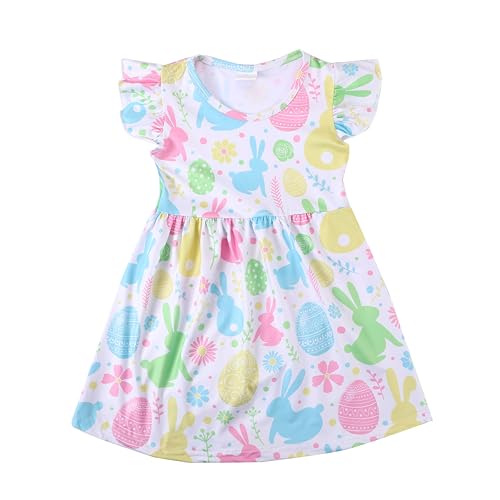 Easter Toddler Girls Dress Bunny Rabbit Easter Eggs Print Dresses Flutter Sleeve Clothes 3-8Y