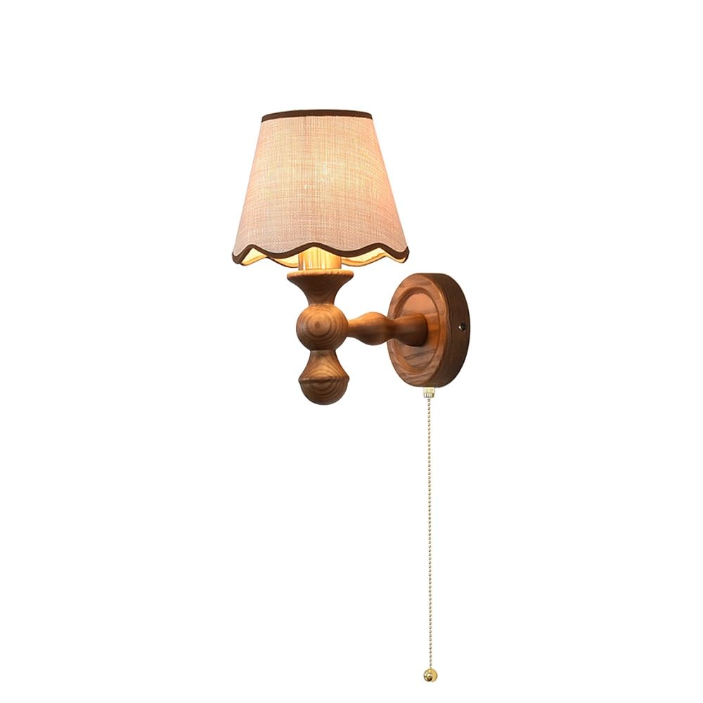 IvyLoutish Modern Nordic Walnut Wood Wall Sconce, Vintage Ash Wood Wall Lamp with Imitation Raffia Scalloped Shade, E27 16W Decorative Lighting Fixture with Pull Chain for Bedroom, Living Room