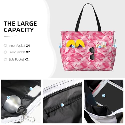 Large Beach Bags Water-resistant Sandproof - Pink Camouflage Cute Beach Tote Bags for Women with Zipper3
