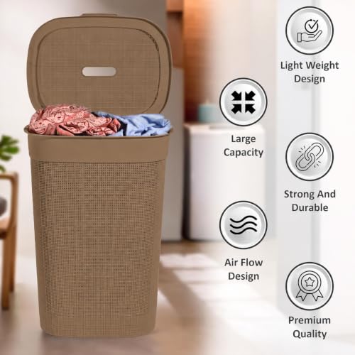 Image of KITCHIVO Plastic Large 55 Ltr Laundry Basket with Lid & Handle | Multipurpose Hamper Bins Storing Washable Clothes, Blankets | Household Ideal for Home & Bathroom (Woods Light Brown)