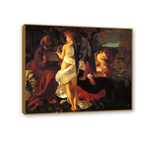 Reproduction Caravagio haut de gamme Le repos pendant la fuite en Égypte avec cadre en teck 40x48cm