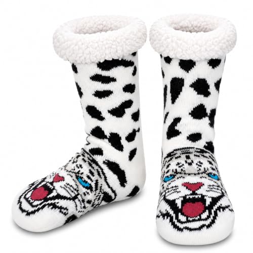 Hisonwel Mens Slipper Socks Animal Fuzzy Non Slip Fluffy Winter Warm Soft Thick Fleece lined Thermal Home Socks (Leopard)