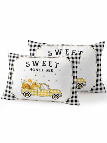 Outdoor Throw Pillow Set of 2, Yellow Truck Waterproof Pillow with Insert Included, Spring Bees Honey Daisy Black Lattices Decorative Accent Cushion Lumbar Pillows for Patio Porch, 12 x 20 In