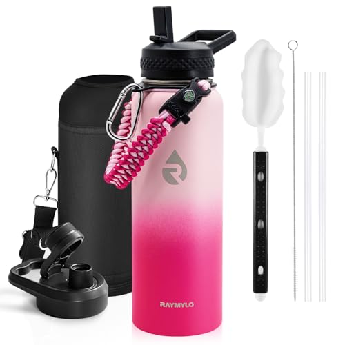 Image of RAYMYLO Insulated Water Bottle 40 oz, Triple Wall Vacuum Stainless Steel (Cold for 36Hrs, Hot for 18Hrs), Leak Proof & Non-BPA, Modern Water Flask Jug with Paracord Handle & Straw Spout Lids
