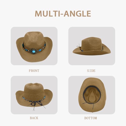 Image of Western Straw Cowboy Hats Cowgirl Hat for Holiday Woven Beach Sun Hat with Shapeable Wide Brim Cowboy Hat for Women's /Men's