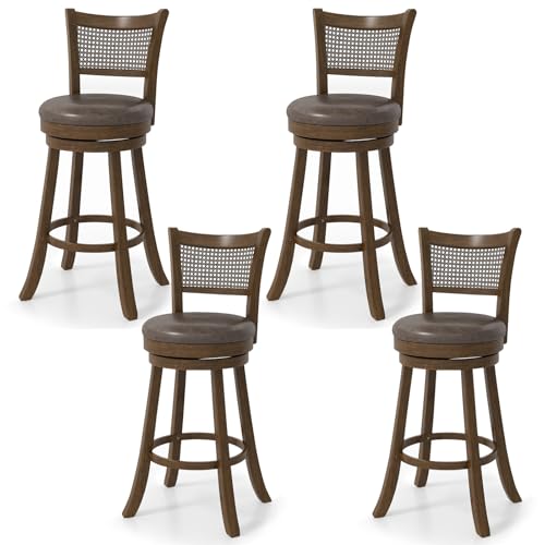 COSTWAY Butaco giratorio de altura para barra de 30", juego de 2, taburetes de madera de caucho con respaldo de ratán sintético, reposapiés y asiento acolchado en leathaire sin reposabrazos para isla de cocina, pub o comedor, color marrón miniatura 1