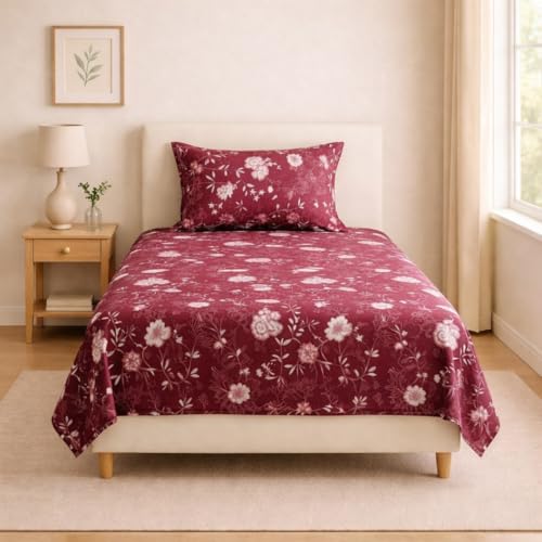 Image of Dream Living Printed Floral Single Bedsheet with 1 Pillow Cover | 120 GSM | 150x220 Cm | Maroon