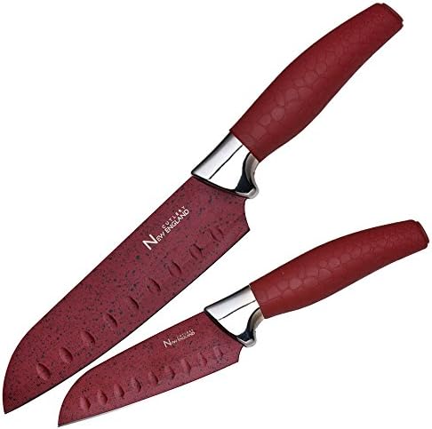 New England Cutlery Marble Finish Plus Santoku Knife Set, 5" and 7", Red
