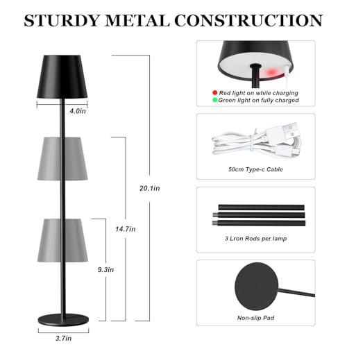 Image of Kakanuo 20 inch Black Cordless Table Lamp Rechargeable - 2 Pack 5000mAH Battery Operated Lamp for Counter, 3 Color Stepless Dimming Wireless Lamp for Dining Table, Touch Control