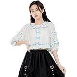 Boojze Japanese Style Lolita Lantern Sleeve Ruffle Blouse Sweet Teen Girls Cute Bowknots Soft Top (Blue) Medium