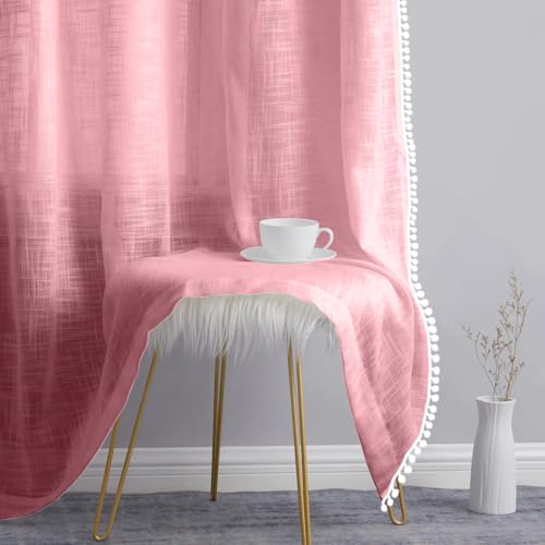 Image of THE LINEN COMPANY Cotton Sheer Grommet Curtains with Side Border Pompom Sheer Curtain for Long Door, Sun Light Filtering, Pack of 2 (Baby Pink, 8 Feet)