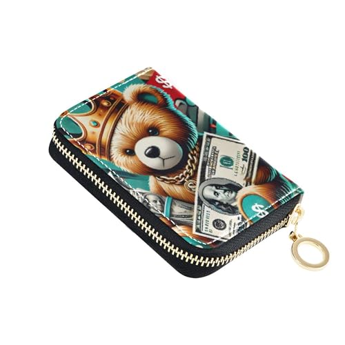 GAIGEO RFID Blocking Credit Card Holder Women's Wallets Leather Small Zipper Coin Purse with Key Ring Royal Money Teddy King