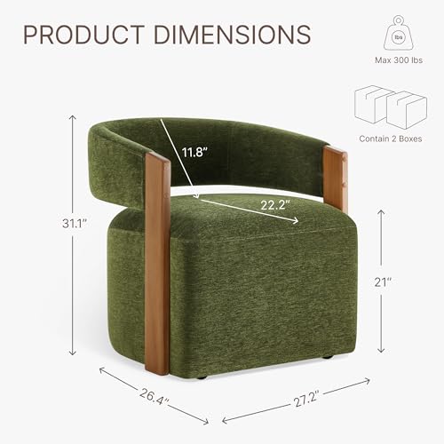 Image of KISLOT Upholstered Dining Chairs with Casters, Modern Barrel Side Armchair with Rollers & Wooden Armrest for Dining Room, Bedroom, Kitchen, Reading Room, Green, Set of 2