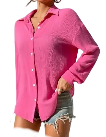 Button Down Collared Full Sleeves Loose Fit Pink Shirt for Women's-picture-49