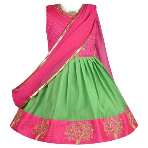 Image of Wish Karo Girls' Ethnic Lehenga Choli Dress with Dupatta - Pink & Green Traditional
