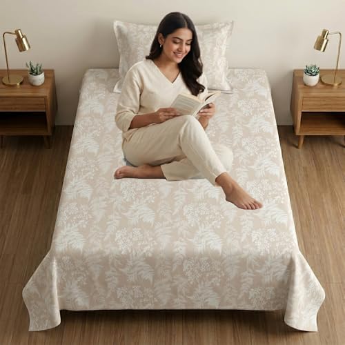 Image of Mafatlal 186 TC Metro Cotton Single Bedsheet | 90 x 60 Inch|Soft, Breathable & Lightweight | with Matching Pillow Cover| Honey Beige