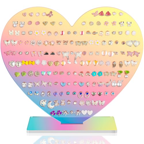 NiHome Heart-Shaped Acrylic Earring Holder Stand for Studs & Dangles Romantic Jewelry Organizer for All Ages Vanity Dresser or Boutique Decorative Display Holds 85 Pairs with 171 Holes (Iridescent)