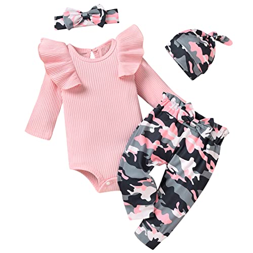 Image of Unutiylo Preemie Newborn Baby Girls Clothes Ribbed Romper Bodysuit Pants Set Ruffle Spring Summer Outfits