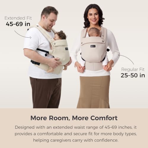 Image of Momcozy Baby Carrier - Ergonomic, Cozy and Lightweight Carrier for 7-45lbs, Effortless to Put On, Ideal for Hands-Free Parenting, Enhanced Lumbar Support, Purehug, Extended Fit (45 inch-69 inch Waist), Khaki