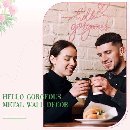 Image of Hicarer Metal Hello Gorgeous Wall Art Minimalist Decor for Bedroom Bathroom Living Room Dressing Room Salon Office Home Decorations Easy to Install Wall Decor(Pink,Classic Style)