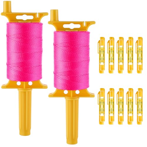 2 Pack Mason String Line Reel for Construction, Twisted 540 FT #18 Braided Nylon String with 10 Mason Line Level, High Visibility Braided Nylon Twine for Masonry Tools, Gardening, DIY(Pink)