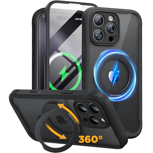 Image of Miracase for iPhone 16 Pro Max Case with 360 Magnetic Ring Stand [Compatible with Magsafe] Full-Body Drop Proof Bumper Phone Case with Built-in 9H Tempered Glass Screen Protector,Black