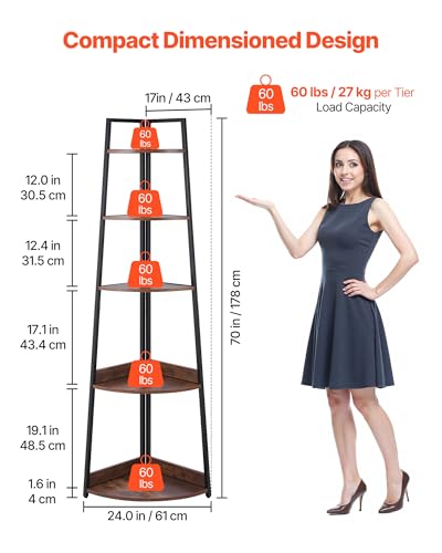 Image of VEVOR 5 Tier Corner Shelf, Tall Corner Bookshelf Plant Rack, Wall Shelves Tower Storage Organizer with Metal Frame & Wooden Shelves, Narrow Display Book Shelf Rack for Bedroom, Living Room, Office