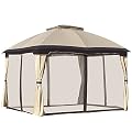 Outsunny 10' x 12' Outdoor Gazebo, Patio Gazebo Canopy Shelter w/Double Vented Roof, Zippered Mesh Sidewalls, Solid Steel Frame, Beige