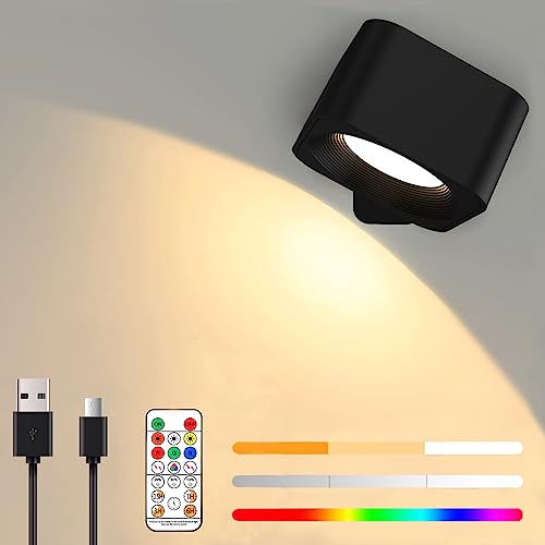 Yokgrass Wall Sconce Battery Operated, Rechargeable Rgb Wall Mounted Lamp, Touch&Remote Control, 3 Color Temperatures&3 Brightness Levels, 360° Rotated, Wireless Wall Light For Reading Bedside #TOP30