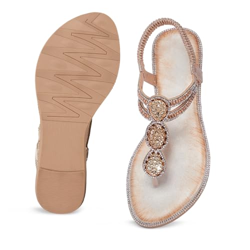 Image of iCKER Women Rhinestone Sandals T-Strap Buckle Bohemian Pearl Crystal Flat Sandals