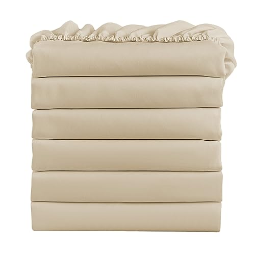 FreshCulture Full Fitted Sheets, Bulk Pack of 6, Deep Pocket, Soft Microfiber Bottom Sheets for Home, Salons, Hotels, Full Size Fitted Sheets Only (Beige)