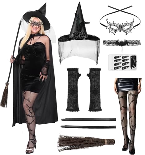 Meriviva Witch Costume Women Halloween Costumes Adult Women Witch Set with Witchs Accessories Witches Cape Costume for Fancy Dress Halloween Carnival (Black)