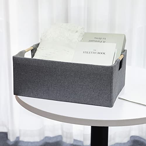 Lamorée Fabric Storage Bin Box Foldable Cotton Linen Storage Basket With Wooden Handles Rectangular Cube Decorative Home Nursery Laundry Organizer Clothes Blanket Container – Gray, Small #TOP4