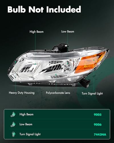 Image of SCITOO Headlight Assembly Fits For Honda Civic 2012-2015 Headlamp In Chrome Housing Amber Reflector Clear Lens