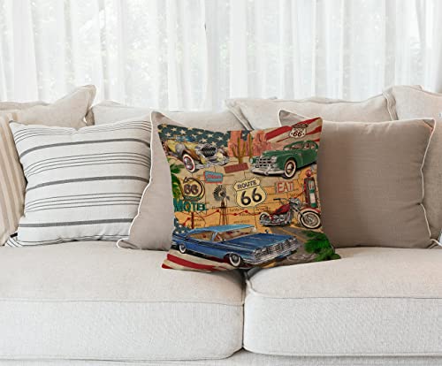 Antique Car Throw Pillow Cover, Old Classic Car Theme American Vintage Route 66 Diner Motorcycle Shabby Chic Home Decor Pillowcase For Sofa 18X18 Inches #TOP1