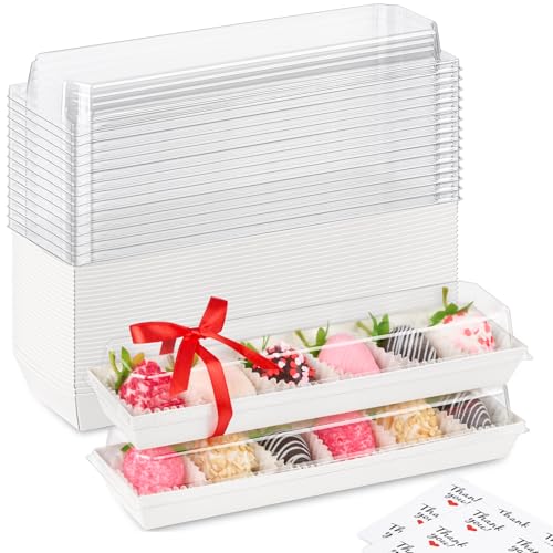 ZORRITA 25 Pack Paper Strawberry Boxes with Clear Lids, 12 x 2.6 x 2 Inches White Long Macaron Boxes for Packaging 5-7 Chocolate Covered Strawberries, Cookies, Cocoa Bombs, Truffles
