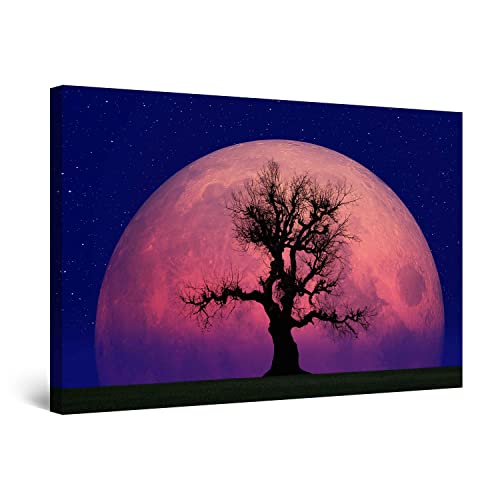 Startonight キャンバスウォールアート装飾 - パープルムーンとツリー - 寝室用プリント 60 x 90 CM