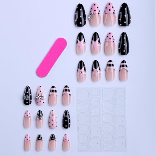 Image of NBNTGH Star Press on Nails Polka Dot Fake Nails Pink Black Design French Tip False Nail Glossy Full Cover Y2K Stick on Nail for Women Manicure 24Pcs