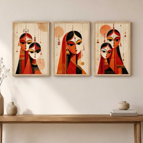 Image of Livin'luxe Set of 3 Traditional Indian Women Wall Paintings for Living Room Bedroom Home Decor with Premium Wooden Color Synthetic Frame (13.5 x 19.5 Inch) NM03-64