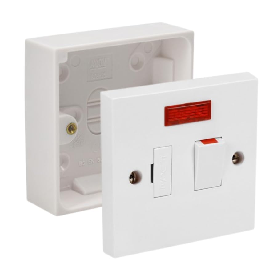Fused Spur Side Flex 13Amps White Electrical Connection Unit - Optional Neon Indicator Single 25/35/45mm Pattress Back Box Surface Mounted 1 Gang (Switched Fused Spur with Neon SET with 25mm Box)