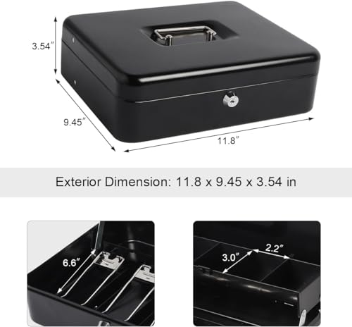 Image of Wosta Cash Money Safe Box - Compact Solid Steel Lockable Security Storage Chest for Loose Money, Coins, Change & Valuables with 2 Keys (X-Large) 11.8 inchL x 9.5 inchW x 3.5 inchH, Black