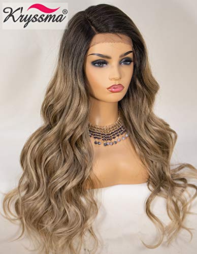 K'ryssma Ash Blonde Lace Front Wig Ombre Side Deep Parting Long Wavy Ombre