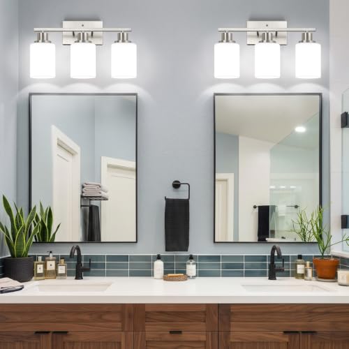 Image of MOKATNG 3-Light Bathroom Light Fixtures, Brushed Nickel Vanity Light with Milky White Shades, Bathroom Lighting Fixtures Over Mirror, Modern Bathroom Wall Lamp for Mirror Living Room Cabinet Bedroom