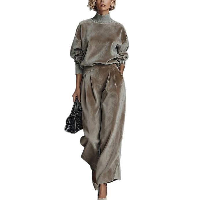 Womens High-Necked Velvet Elastic Cuffs Dropped Shoulders Tops Wide Leg Pants 2 Piece