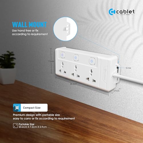 Image of Cablet Extension Board 3 Meter Cable, 2500W 10A, 3 Universal Multi Plug Socket, 3 Individual Switches, 3 Mtr Heavy Duty Cord, LED Indicator, Power Strip for Home Appliances