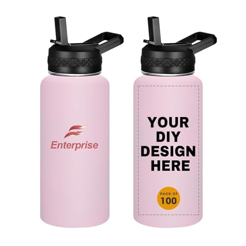 Personalized Custom Water Bottles with Text Logo Print in USA 32oz 100 Pcs Double Wall Stainless Steel Leakproof Wide Mouth Cups with Flip Straw