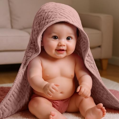 Image of Peryiter 6 Pcs Muslin Hooded Baby Towels, 32 inchx 32 inch Cotton Newborn Bath Towel Muslin Infant Baby Blankets Absorbent Unisex Newborn Registry Gift Essentials for Girls Boys (Brown and Pink Series)