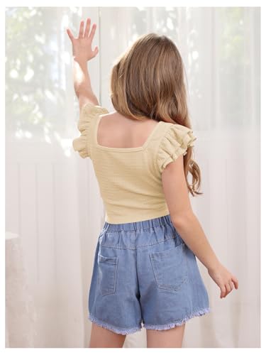 Image of OYOANGLE Girl's Casual Solid Ruffle Trim Cap Sleeve Square Neck Cute Crop Tank Tops T-Shirts