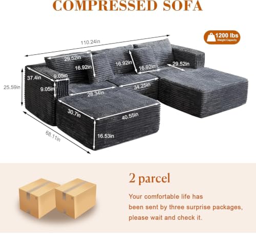 Image of 110 Corduroy Modular Sectional Boneless Sofa with 2 Ottomans, Convertible Cloud Couch with Deep Seats, Fluffy Memory Foam U Shaped Couch for Living Room, No Assembly Required (Gray)